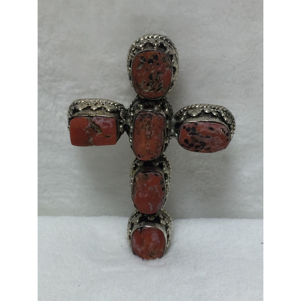 Vintage Sterling Silver Cross‎ Pendant Coral Cabochon Rope Detail Accent